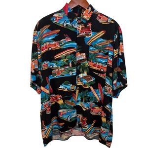 Vintage 90s Hawaiian Shirt XL Rayon Surf Cars Woody Wagons Black Korea